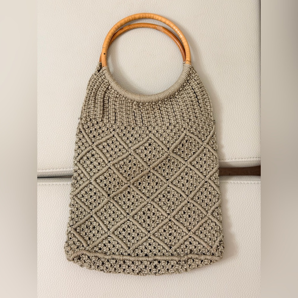 Boho Macrame Handbag with Bamboo Handles